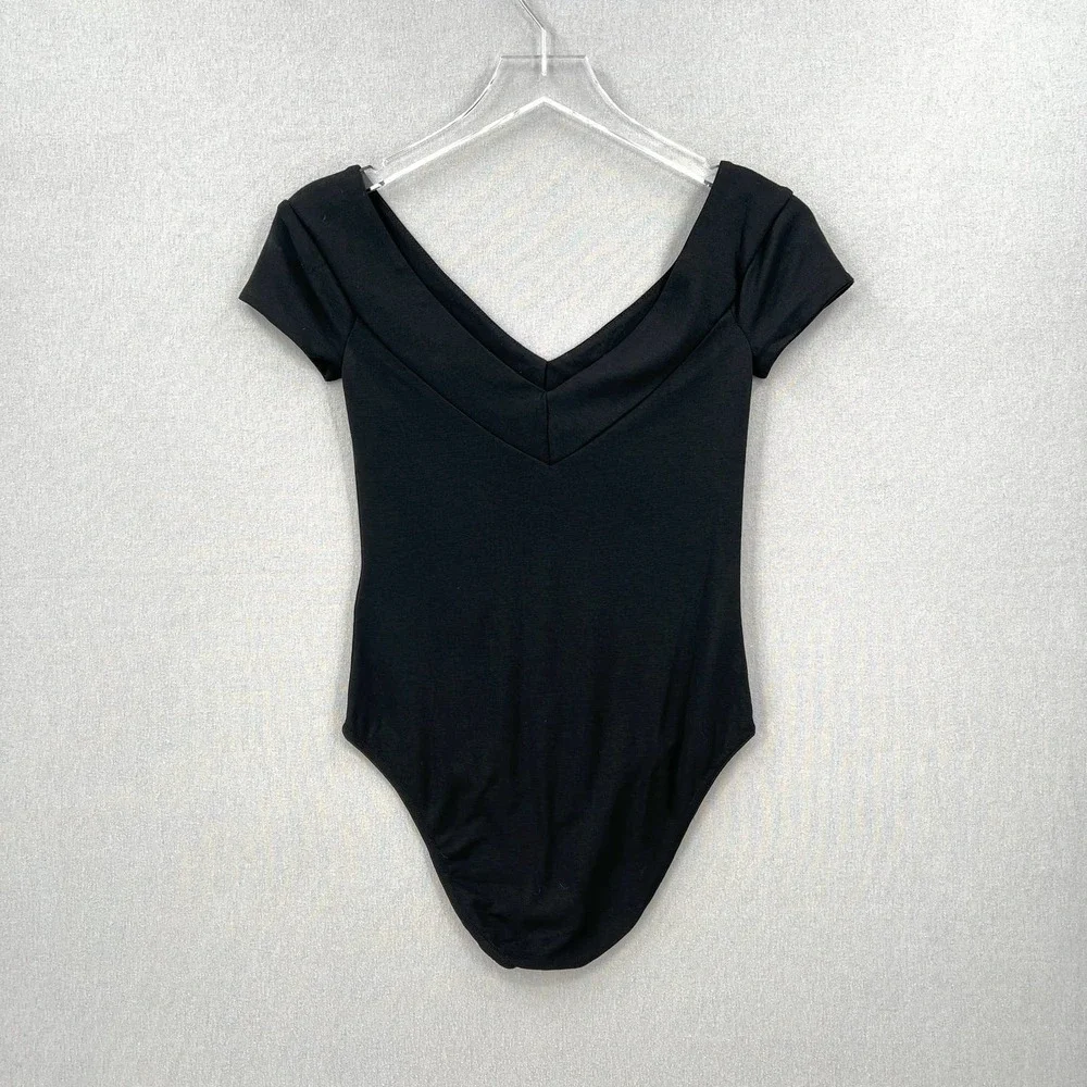 MAJE Off the Shoulder Bodysuit Womens 1 Small Black Double V-neck Short Sleeve - Picture 3 of 15